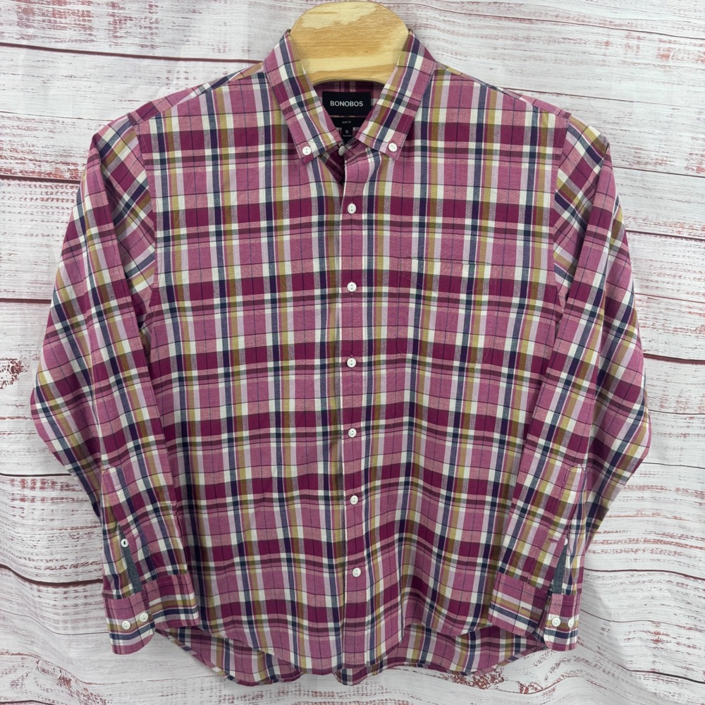 Bonobos Shirt Mens XL Slim Fit Plaid Button Down Cotton Hemp Caual Preppy